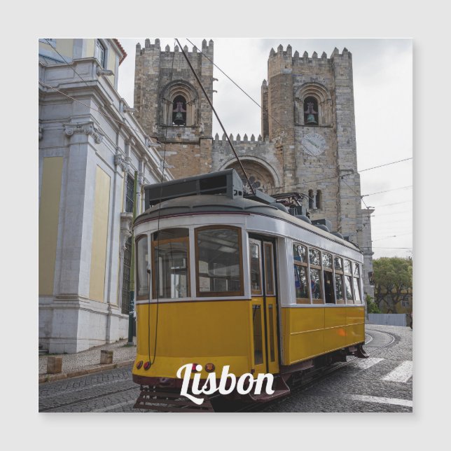 Tranvía amarillo en la Catedral de Lisboa en Portu (Anverso)