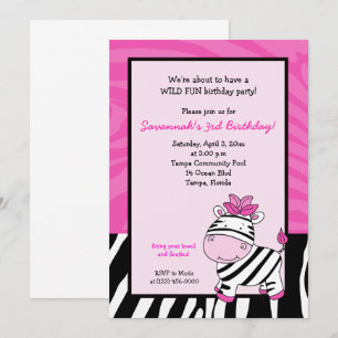Trazo de cebra rosa 5x7 Invitación de cumpleaños
