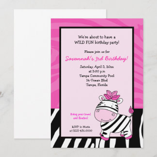 Trazo de cebra rosa 5x7 Invitación de cumpleaños