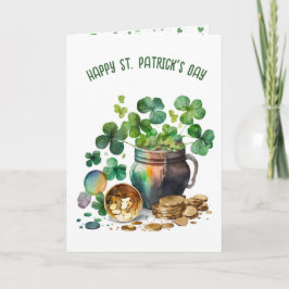 Tréboles verdes irlandeses y tarjeta de moneda