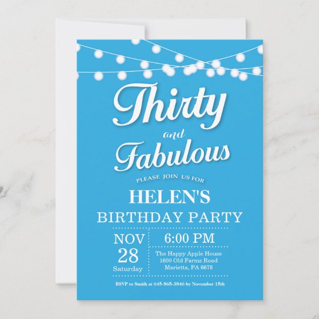 Treinta y fabulosa invitación de cumpleaños azul (Anverso)
