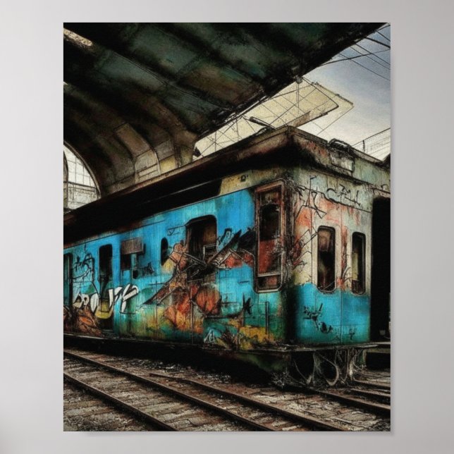 Tren abandonado con arte urbano de grafitis (Frente)
