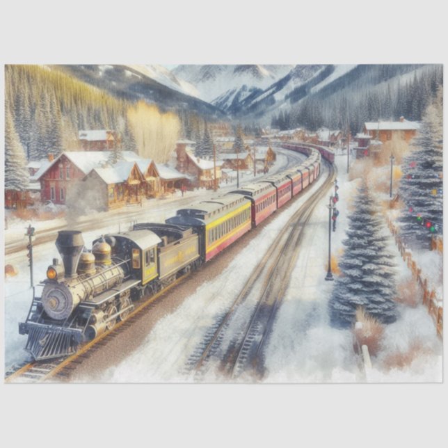 Tren acuarela en invierno con papel tisular de nie (Anverso)