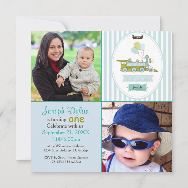 Tren Azul 2 niños fotográficos - Invitación de cum (Anverso)