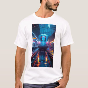 Tren azul futurista con camiseta con luces neón