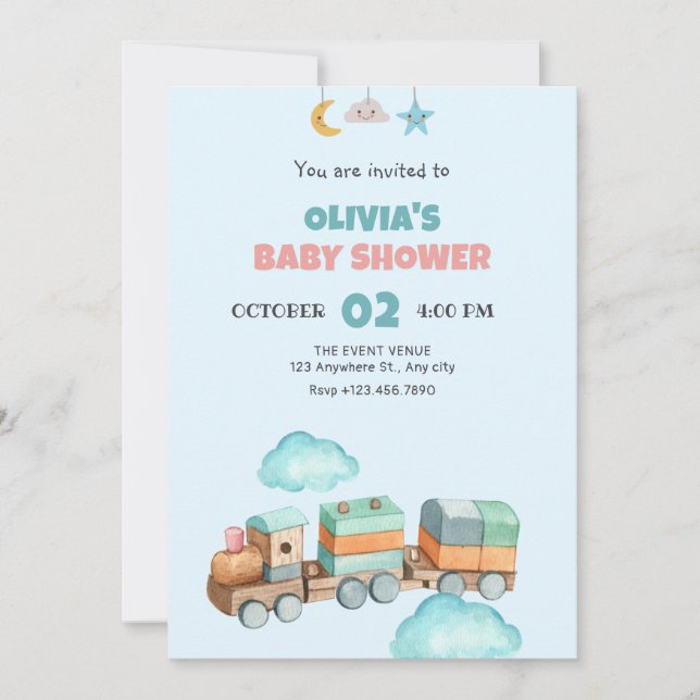 Tren de madera Juguetes de bebé ducha Invitación (Anverso)