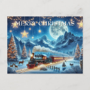 Tren de Navidad iluminado por la luna con animales
