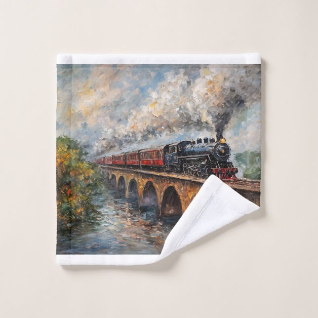 Tren de vapor en un puente - pintura al petróleo (Toallita)
