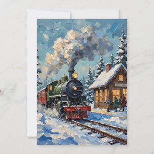 Tren de vapor vintage de Navidad en estación nevad