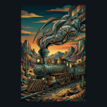 Tren Exprés Occidental Art Deco, Arte de Pared Geo<br><div class="desc">Arte de pared del tren Exprés Occidental Art Deco con una locomotora de vapor estilizada cruzando un paisaje desértico accidentado con montañas geométricas y cactus saguaro. Intrincados patrones Art Deco en las estelas de humo y detalles del motor están representados en tonos profundos de teal, bronce y puesta de sol...</div>
