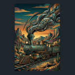 Tren Exprés Occidental Art Deco, Arte de Pared Geo<br><div class="desc">Arte de pared del tren Exprés Occidental Art Deco con una locomotora de vapor estilizada cruzando un paisaje desértico accidentado con montañas geométricas y cactus saguaro. Intrincados patrones Art Deco en las estelas de humo y detalles del motor están representados en tonos profundos de teal, bronce y puesta de sol...</div>