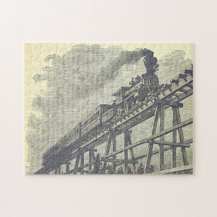 Tren locomotor histórico en un rompecabezas puent