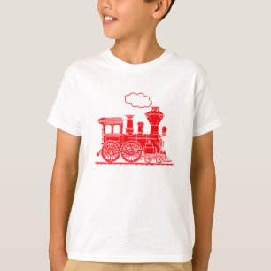 Tren rojo de la locomotora de vapor en la camiseta
