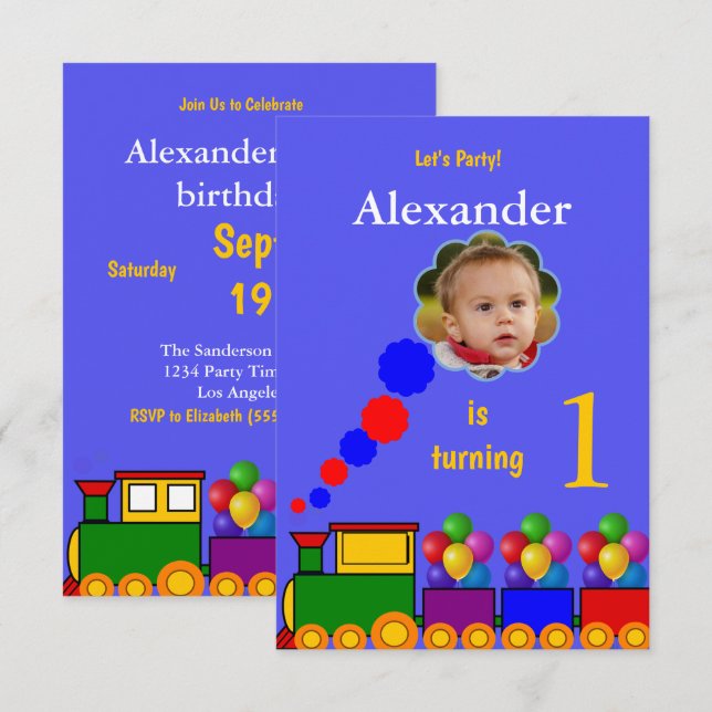 Tren y globos Invitación a la fotografía de primer (Anverso / Reverso)