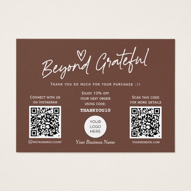 Trendy brown modern script QR code thank you card (Frente)