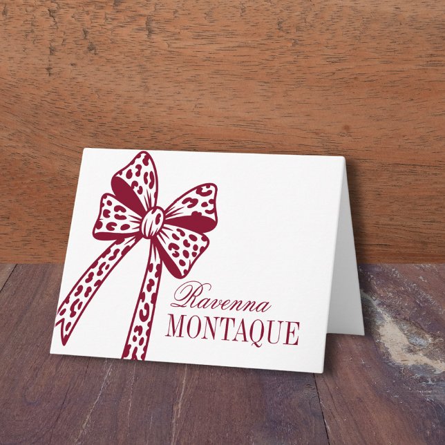 Trendy Burgundy Leopard Bow Handwritten Name Party (Subido por el creador)
