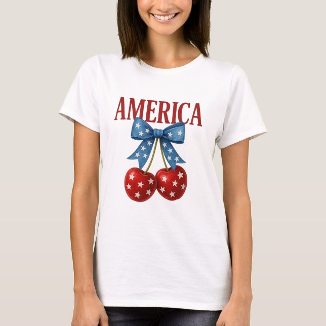 Trendy Girly Patriotic Cherries "AMERICA" Camiseta (Anverso)