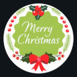 Trendy Merry Christmas Wreath Pegatina<br><div class="desc">Hermosos navidades de la corona presentan cinta y mistletoe,  hojas y forma. Puede personalizar con su propio texto y color de fondo.</div>