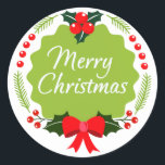 Trendy Merry Christmas Wreath Pegatina<br><div class="desc">Hermosos navidades de la corona presentan cinta y mistletoe,  hojas y forma. Puede personalizar con su propio texto y color de fondo.</div>