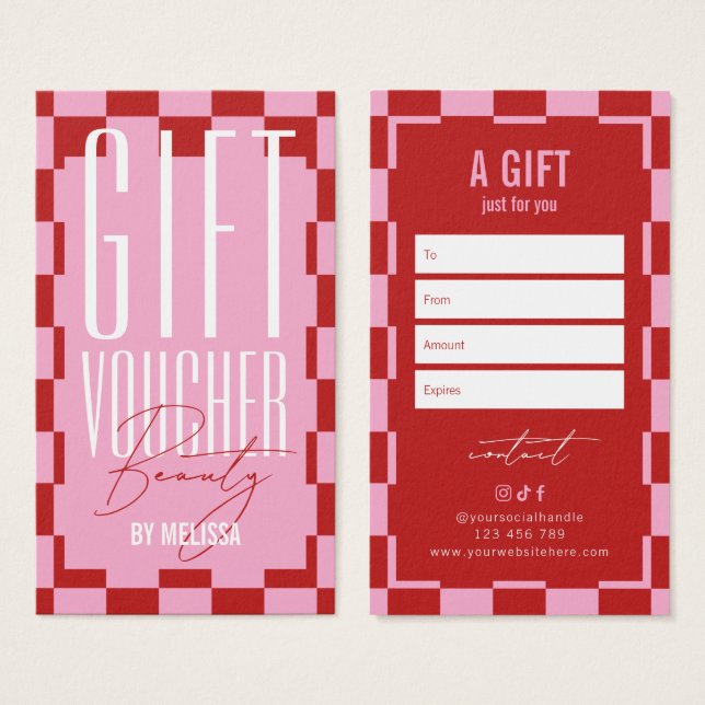 Trendy Retro Pink & Red Spa Salon Gift Voucher (Anverso y reverso)