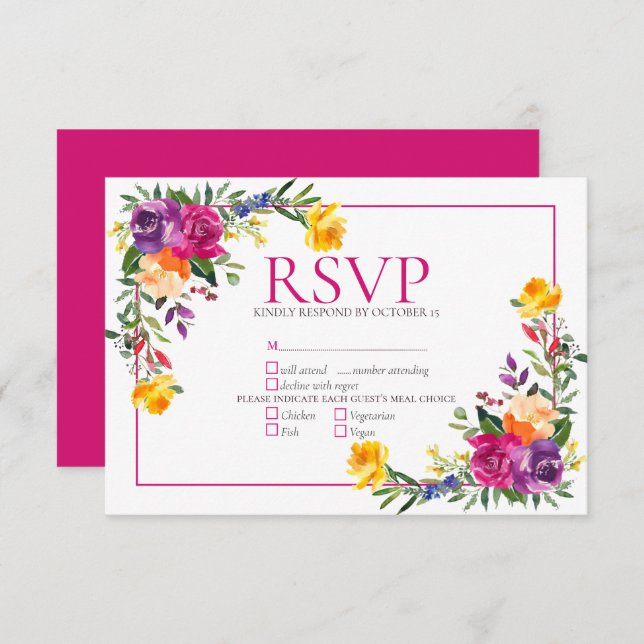 Trendy Technicolor Boho Boda Floral RSVP (Anverso / Reverso)