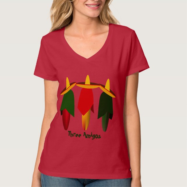 Tres Amigo Hot Peppers Damas Camiseta Roja (Anverso)