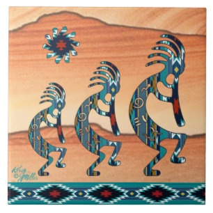 Tres baldosas de cerámica Turquoise Kokopelli
