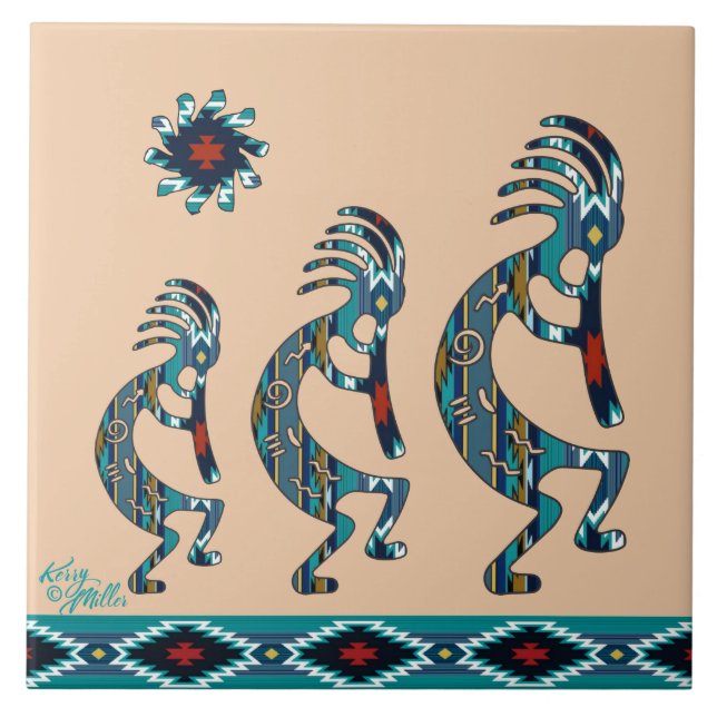 Tres baldosas de cerámica Turquoise Kokopelli (Frente)