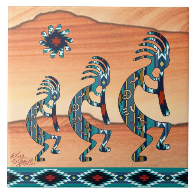 Tres baldosas de cerámica Turquoise Kokopelli (Frente)