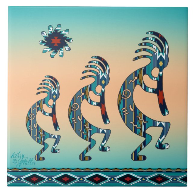 Tres baldosas de cerámica Turquoise Kokopelli (Frente)