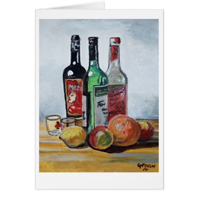 Tres botellas de vino y fruta (Frente)