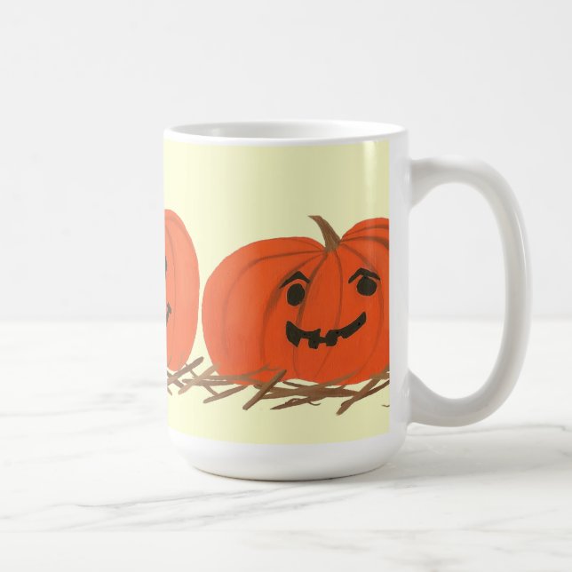 Tres calabazas felices en tazas de Hay Halloween (Derecha)