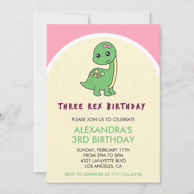 Tres chicas de invitación de cumpleaños rex dinosa (Anverso)