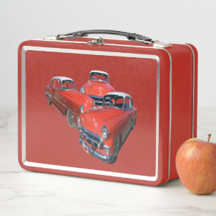 Tres clásicos coches rojos clásicos, caja de alm