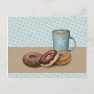 Tres donuts y una postal de café