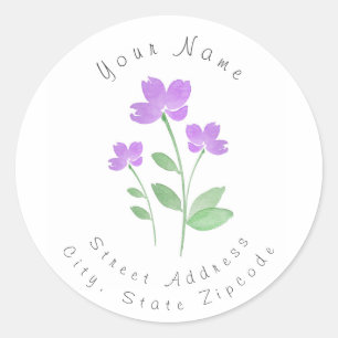 Tres etiquetas de color de agua morado de flores