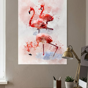 Tres flamencos rosados en impresión de arte de acu