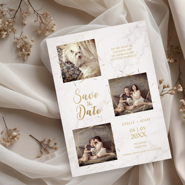 Tres fotos comprometer Invitación Faux Marble (Modern Calligraphy Three Photos Engagement Announcement on Faux Marble Save the Date Card.)