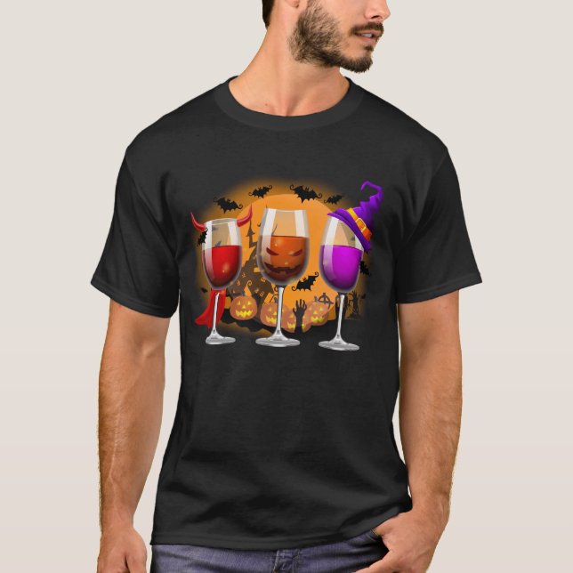Tres Gafas De Vino De Halloween Camiseta De Vino (Anverso)
