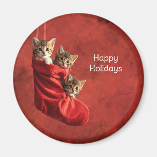 Tres gatitos en un imán de calcetín de Navidad