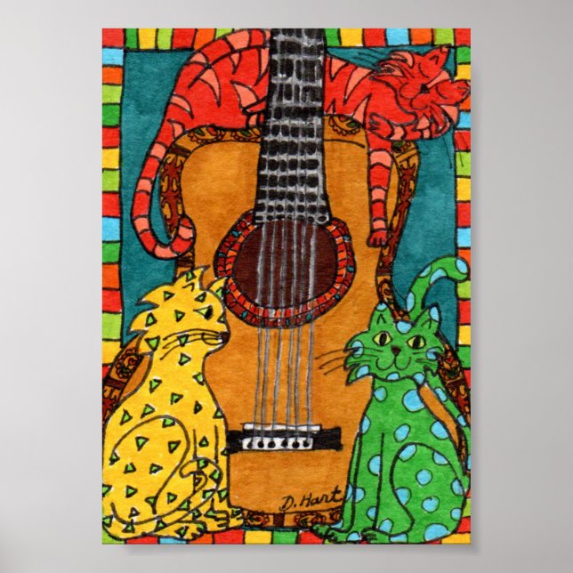 Tres gatos con una guitarra Mini arte folclórico (Frente)