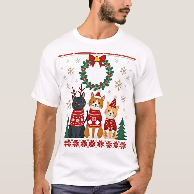 Tres gatos divertidos gato de Navidad suéter feo d (Anverso)