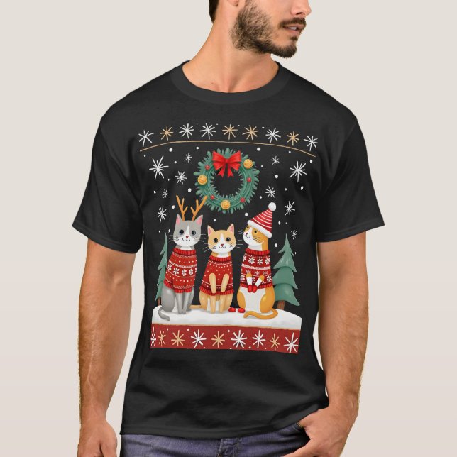 Tres gatos divertidos gatos feos de Navidad suéter (Anverso)