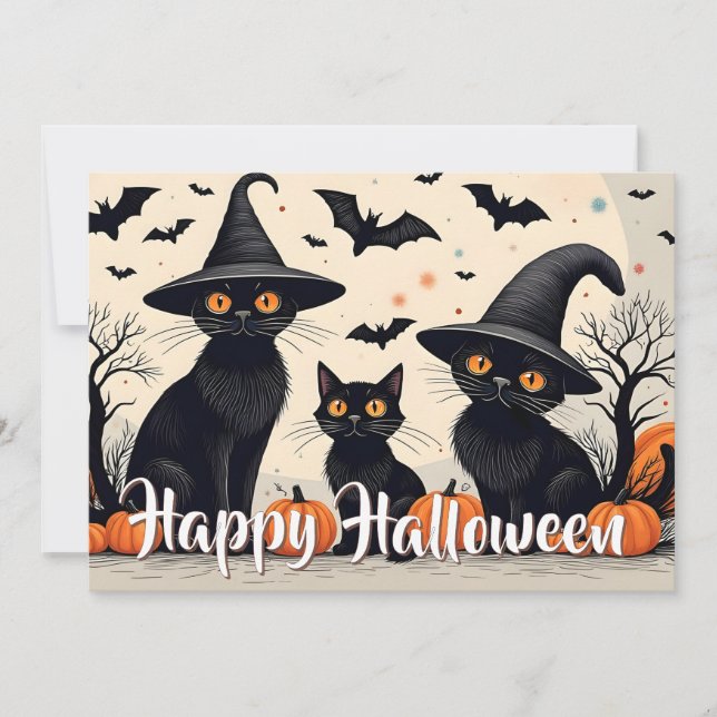 Tres gatos negros con Gorras en Halloween (Anverso)