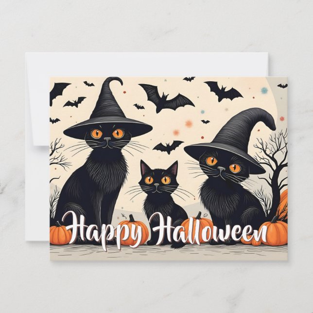 Tres gatos negros con Gorras en Halloween (Anverso)