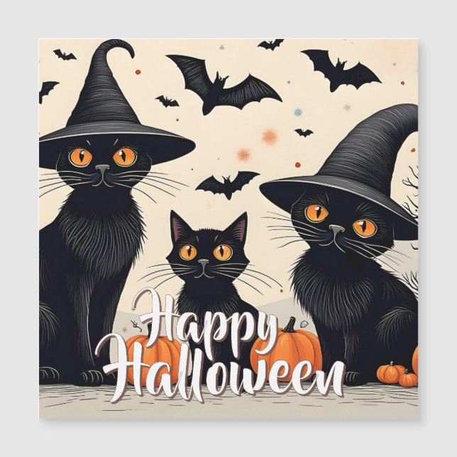 Tres gatos negros con Gorras en Halloween (Anverso)