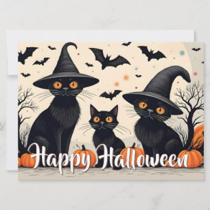 Tres gatos negros con sombreros en Halloween