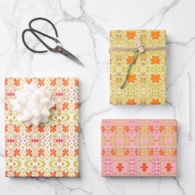 Tres hojas de papel con patrones de diseño (Anverso)