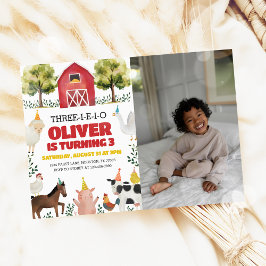 Tres-I-E-I-O Granja 3er cumpleaños foto invitación