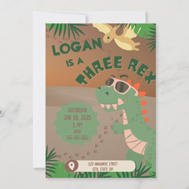 "Tres" Invitación de cumpleaños de Rex Dinosaur (Anverso)